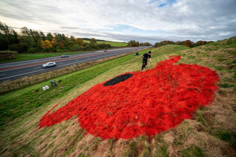 A motorway cuts through a countryside landscape of trees and fields.  On a raise area of grass to the right and man in black uses red paint to create a picture of a remembrance poppy on the ground 