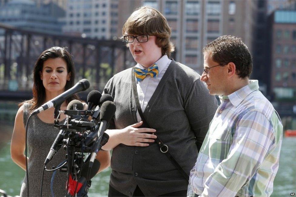 Boston Marathon bombing survivors, from left, Lynn Julian, Henry Borgard and Scott Weisberg