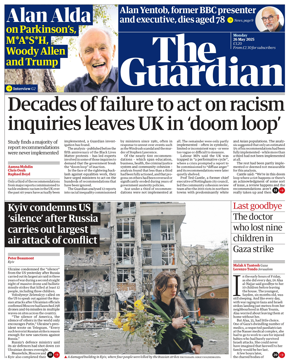 The Guardian headline reads: Decades of failure to act on racism inquiries leaves UK in 'doom loop'
