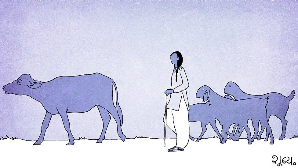 Illustration of a woman rearing cattle