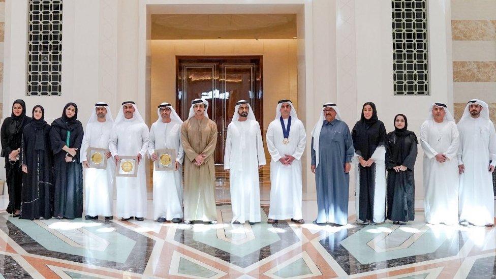 UAE Vice-President Sheikh Mohammed bin Rashid Al Maktoum (C) sits with the recipients of awards for gender balance (27 January 2019)