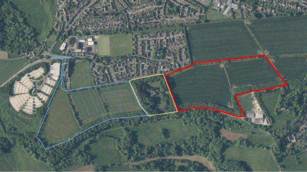 A map of countryside near Bath showing the sections earmarked for development