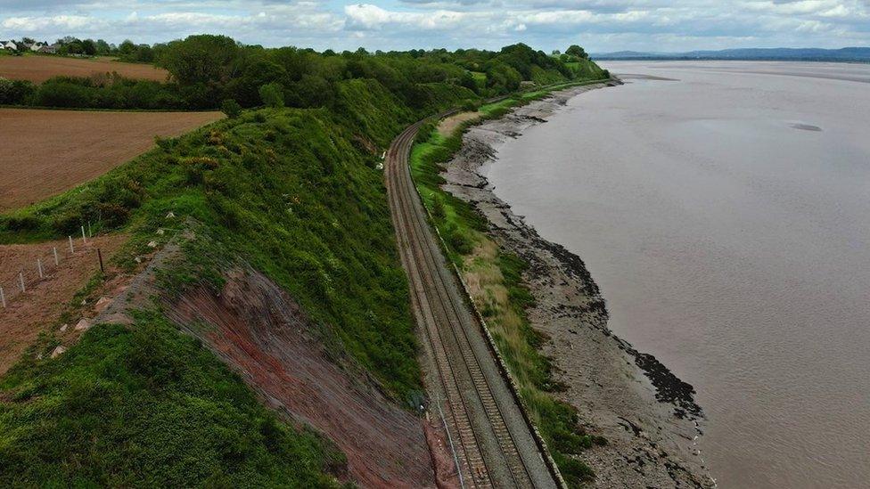 Drone shot of the railway running alongside the Severn Estuary