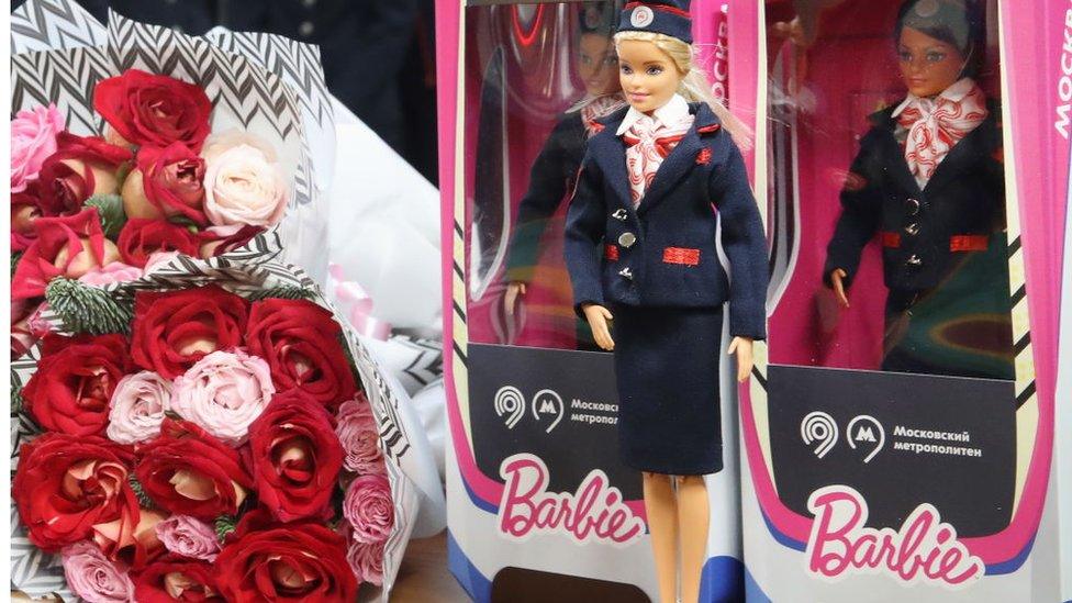 Barbie dolls in Moscow Underground-branded boxes