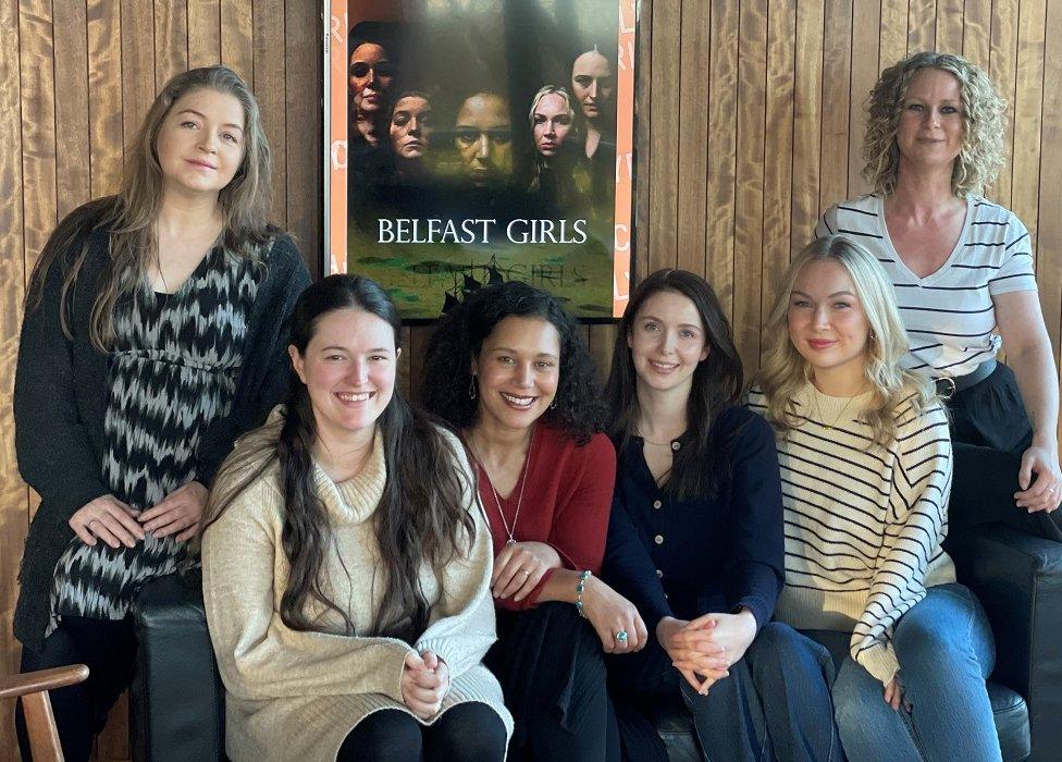 The cast of Belfast Girls with director Anna Simpson (right) in The Lyric, Belfast