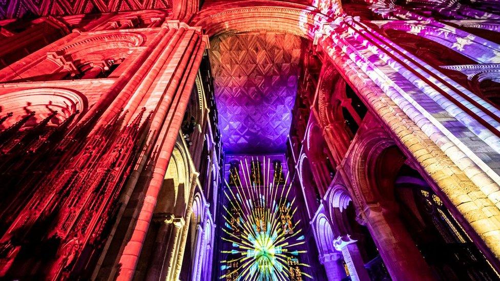 Light show inside Peterborough Cathedral