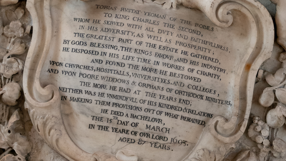 The inscription on the memorial to Tobias Rustat in Jesus College, University of Cambridge