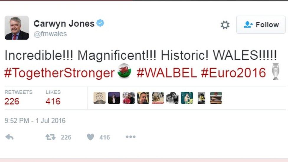 Carwyn Jones tweeted: "Incredible! Magnificent! Historic"