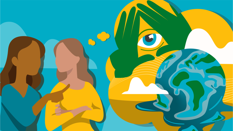 Illustration of two women having a discussion with a thought bubble featuring a melting globe and an illuminati symbol