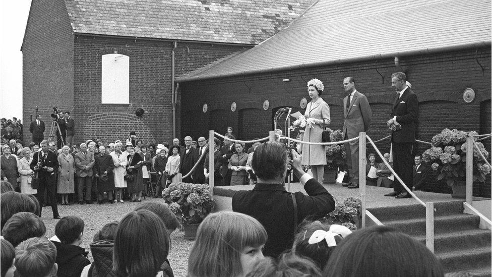 Queen Elizabeth II and HRH Duke of Edinburgh with Benjamin Britten at the opening ceremony of Snape Maltings Concert Hall and opera house, Suffolk