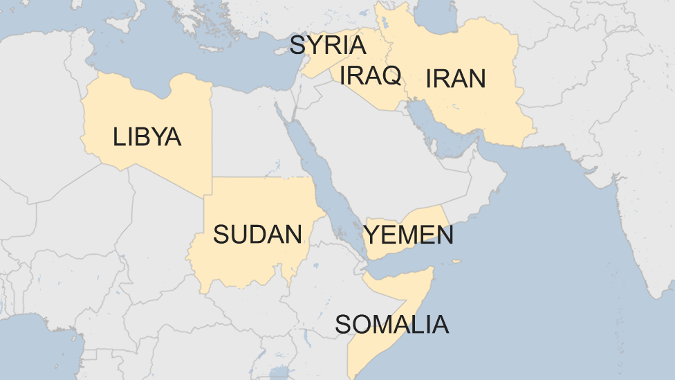 Map showing Iraq, Syria, Iran, Libya, Somalia, Sudan, and Yemen