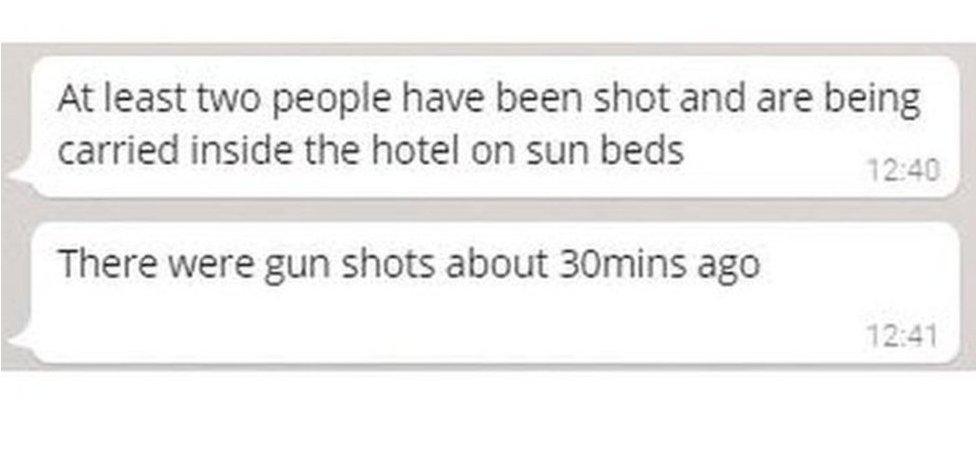 At least two people have been shot and are being carried inside the hotel on sunbeds. There were gunshots about thirty minutes ago