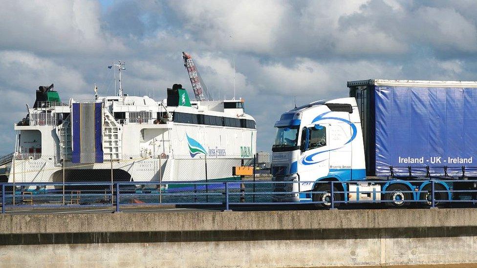 Lorry pulls towards Irish Ferries ferry at Holyhead, Anglesey, Wales, UK