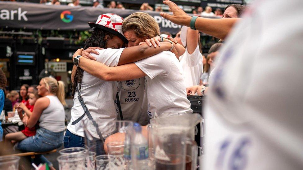 England fans react after England lose against Spain during a screening of the FIFA Women's World Cup 2023 final between Spain and England at BOXPARK Croydon