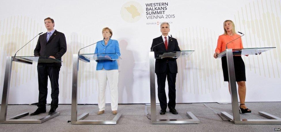 Serbian Prime Minister Aleksandar Vucic (L-R), German Chancellor Angela Merkel, Austrian Chancellor Werner Faymann and EU Foreign Policy chief Federica Mogherini deliver a press conference at the Western Balkans Conference in Vienna, Austria, 27 August 2015