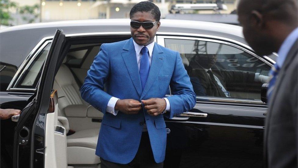 This file photo taken on June 24, 2013 shows Teodoro (aka Teodorin) Nguema Obiang Mongue, the son of Equatorial Guinea"s president, arriving at Malabo stadium for ceremonies to celebrate his birthday.