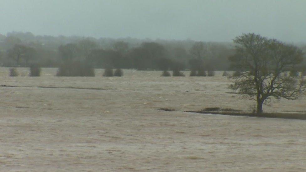 Farmland at Holt near Wrexham was flooded after the River Dee burst its banks