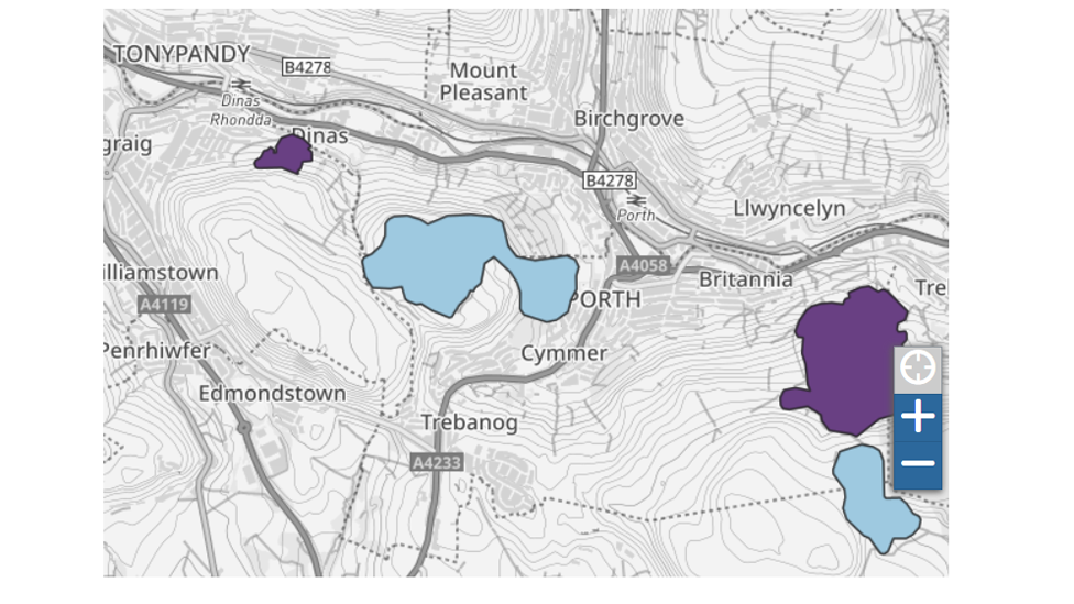 Map showing Rhondda tips