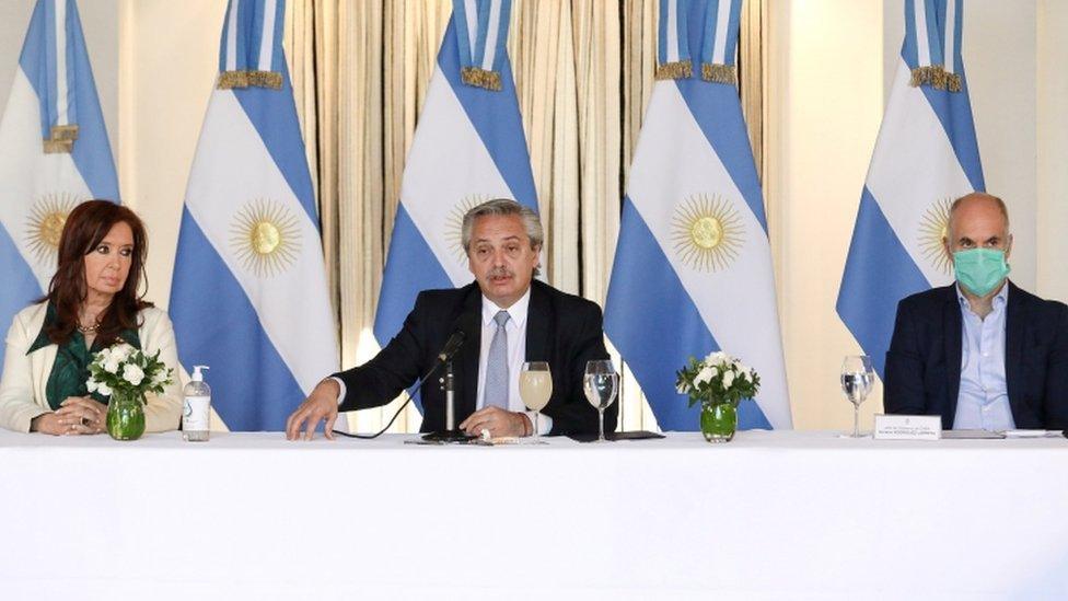 Argentine President Alberto Fernandez speaks at the presentation of the country's renegotiation of the national debt proposal