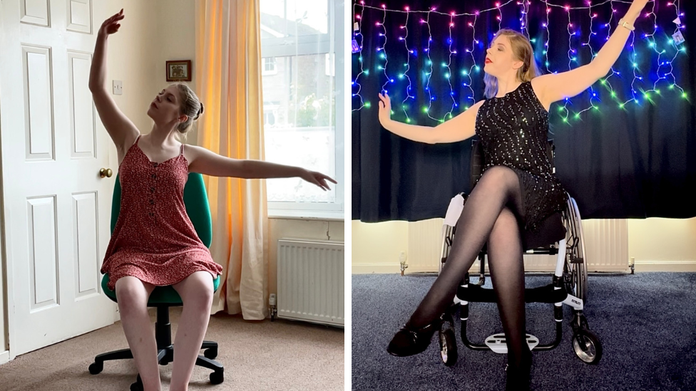 Fay Crockett is pictured on the left sat on a chair in a ballet pose she is wearing a simple red dress and tights. In the right image she is dressed in a sparkly black dress and is seated in ballet pose in a wheelchair