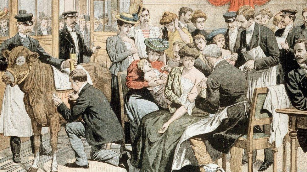 Illustration of people getting the smallpox vaccine in the 18th Century