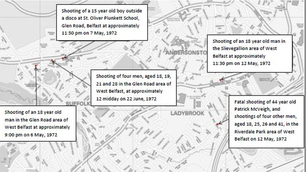 PSNI map showing five of the shooting incidents