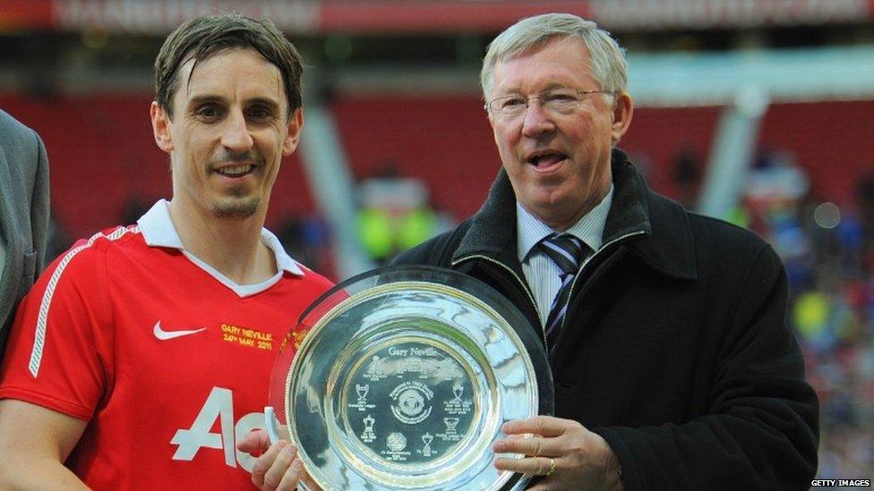 Gary Neville and Sir Alex Ferguson at the player's testimonial