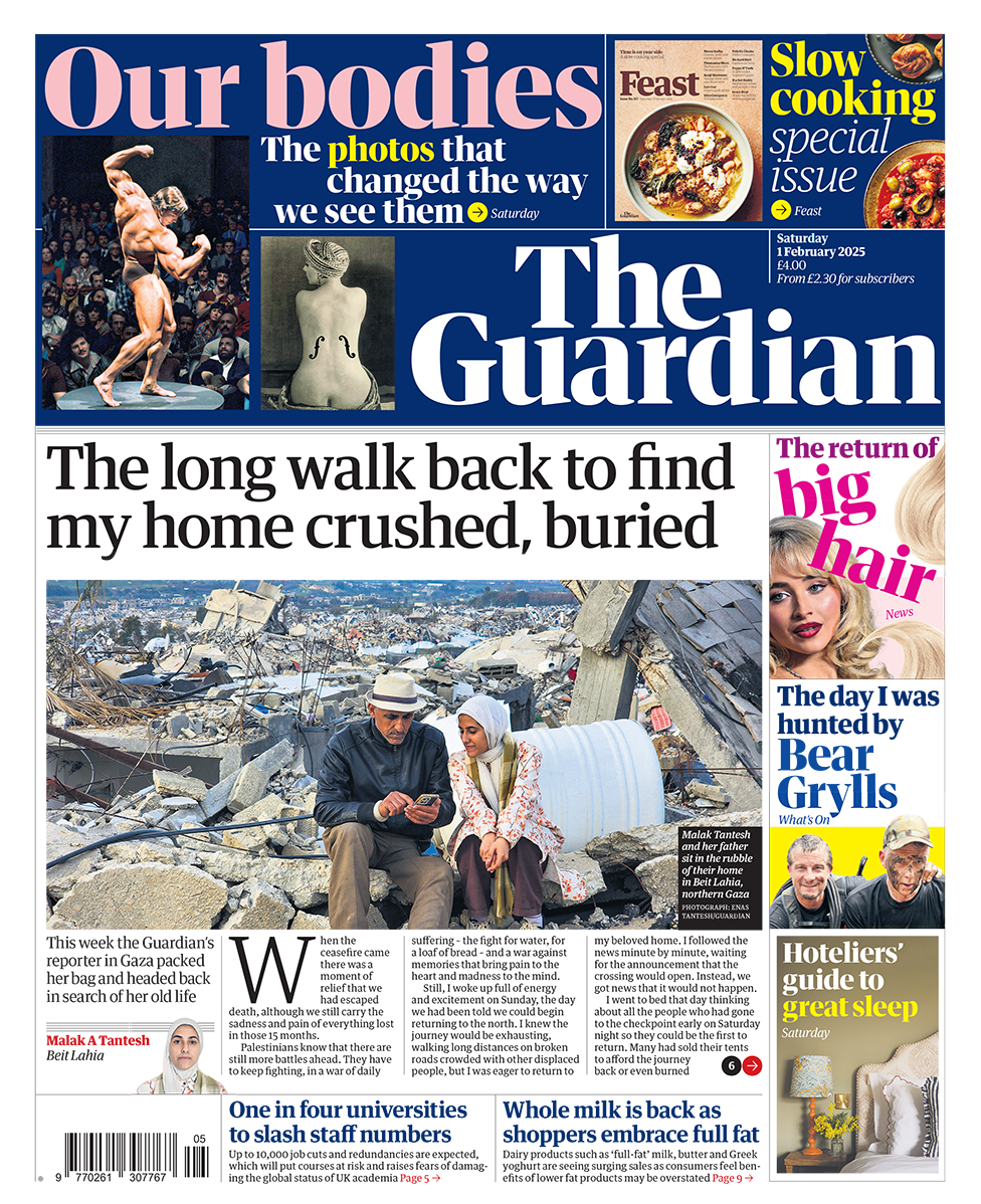 The headline in the Guardian reads: "The long walk back to find my home crushed, buried". 