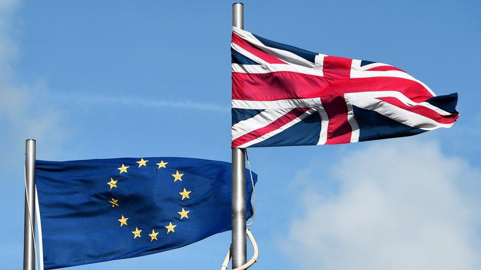 The European Union flag and union jack flying outside the National Assembly in Cardiff