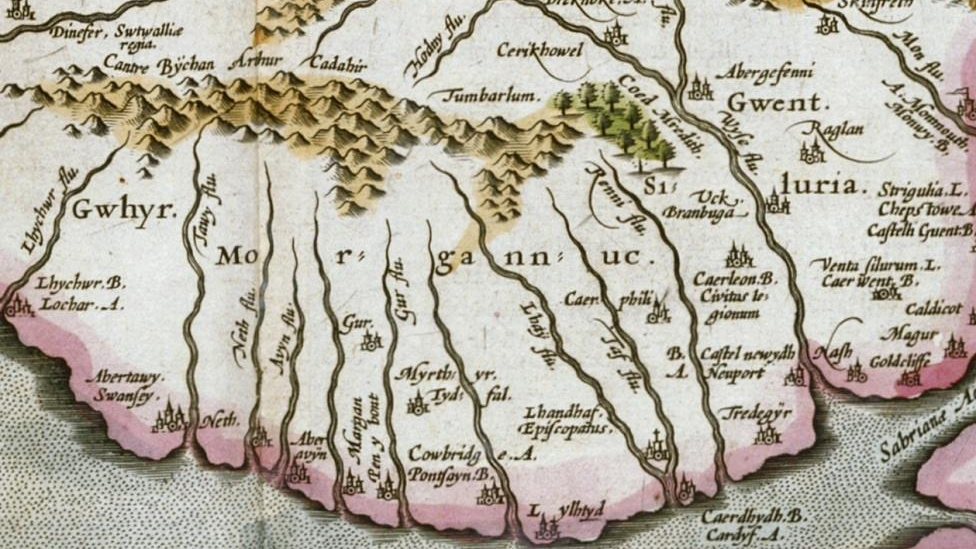 A section of a 17th Century engraved map by showing Llanilltud - or Llantwit Major - on the tip of the south Wales coast
