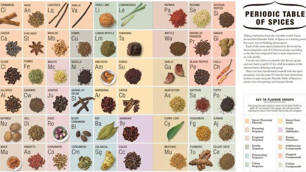 Periodic table of spices in The Science of Spice: Understand Flavour Connections and Revolutionize your Cooking by Dr Stuart Farrimond. DK