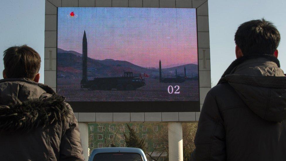 Footage of a North Korean missile test was broadcast on a big screen in Pyongyang in March