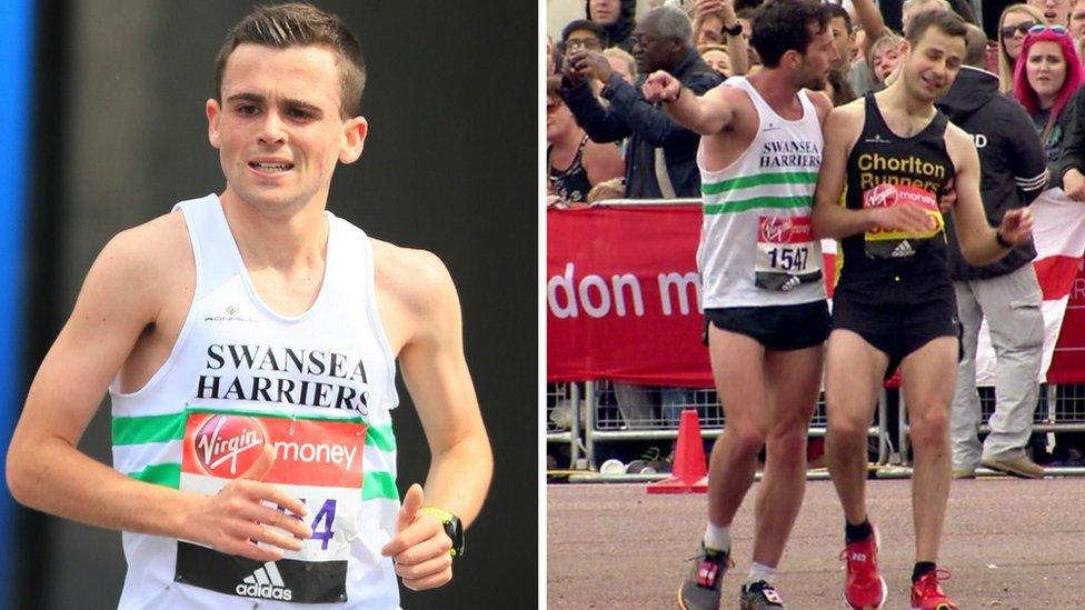 Josh Griffiths (left) and Matthew Rees helping David Wyeth (right)