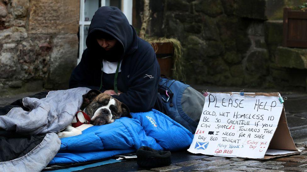 A homeless person sitting in a sleeping bag with a dog on the street, next to a sign asking for money 