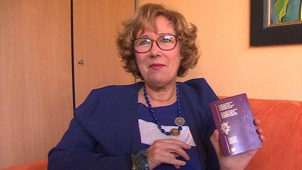 Glynis Whiting holding her new Belgian passport