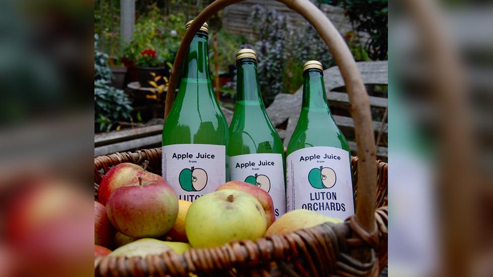 Basket of apple juice bottles