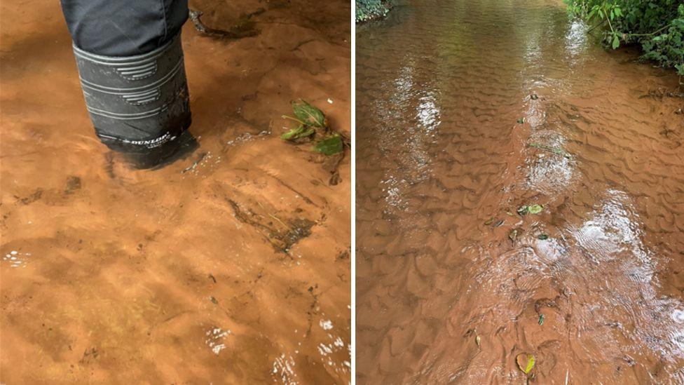 A composite image showing the mud and silt in the river tributary. On the left there is someone wearing a black wellington boot which is half-buried in mud.