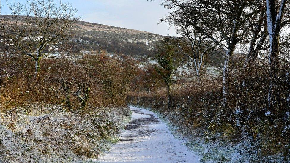 Snow was beginning to lie on the Upper Hightown Road on Tuesday morning