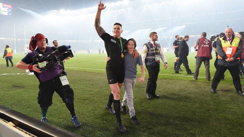 The 14-year-old fan joined Sonny Bill Williams on his lap of honour