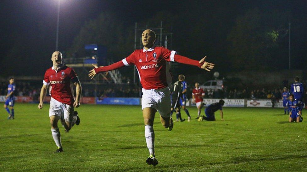 Richie Allen of Salford City celebrates as he scores during the FA Cup first round match