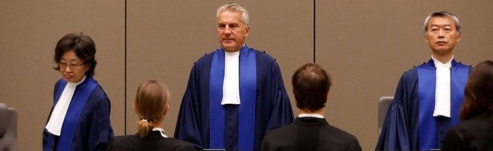 Judges at the ICC at the trial of Congolese warlord Bosco Ntaganda, 28 August 2018