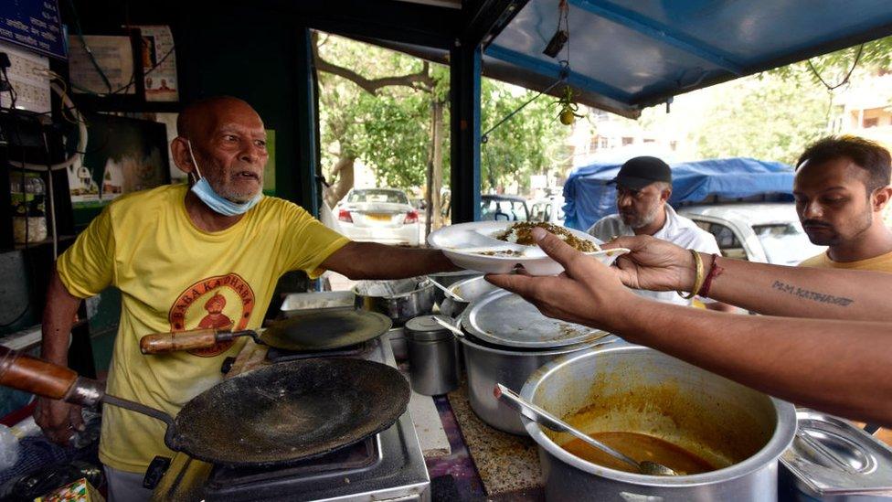 Kanta Prasad, 80, at his food stall Baba Ka Dhaba, in Malviya Nagar, on June 5, 2021 in New Delhi, India.