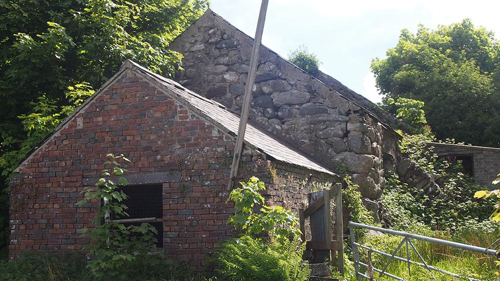 Llun o adfeilion yn fferm Hafod Boeth