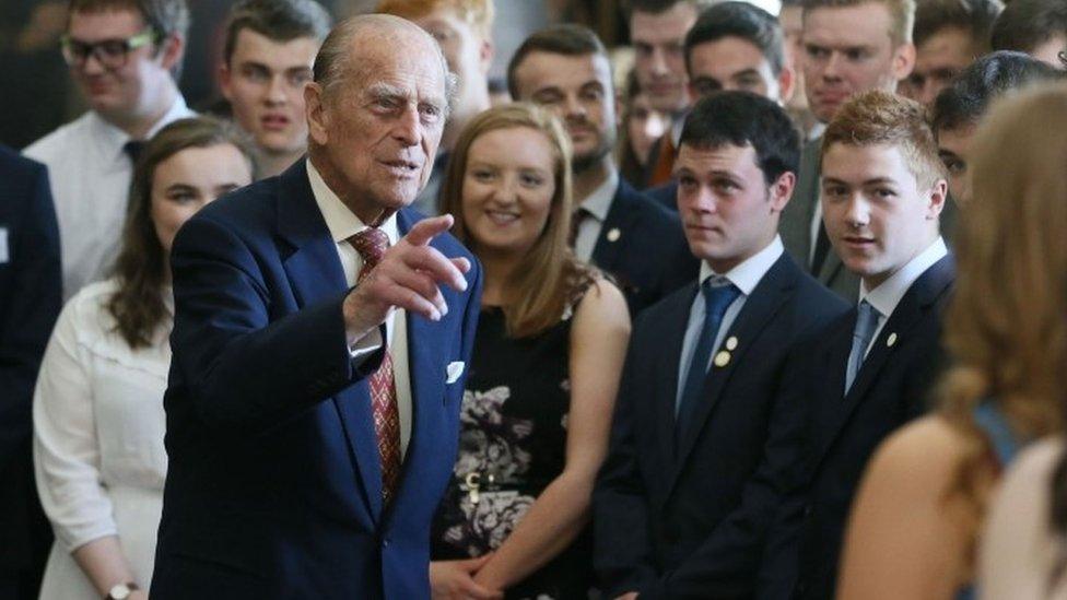 The Duke of Edinburgh meets young people at the Duke of Edinburgh"s Award gold award presentations at Hillsborough Castle in Co Down in 2017