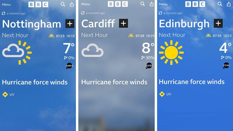 Weather app shows forecasts of hurricane winds for Nottingham, Cardiff and Edinburgh