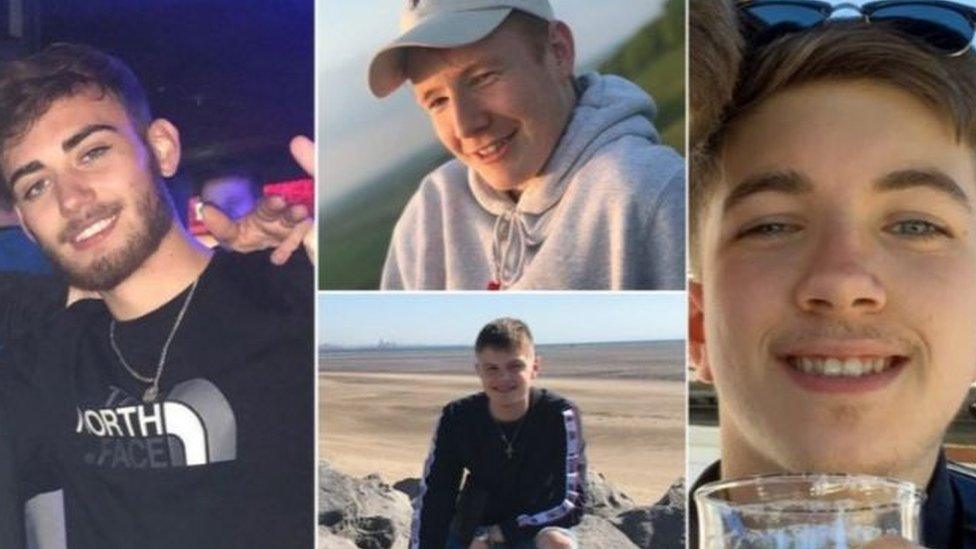 Jordan Rawlings (top centre) and friends Corey Owen, Ryan Nelson and Matthew Parke were killed in the crash in August