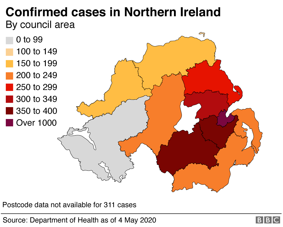 Map showing coronavirus cases in NI on 4 May