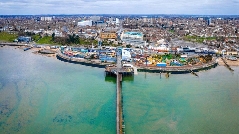 Southend Pier and the city beyond viewed from the sky