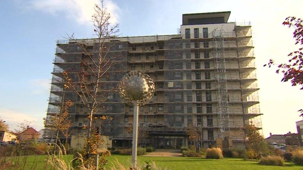 View of scaffolding around tower block