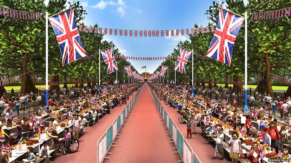 An artist's impression of how The Mall in front of Buckingham Palace will look for the street party